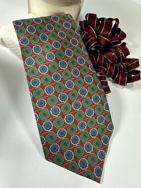 American Outpost Vintage Silk Tie – Red & Teal Psychedelic Floral Spiral